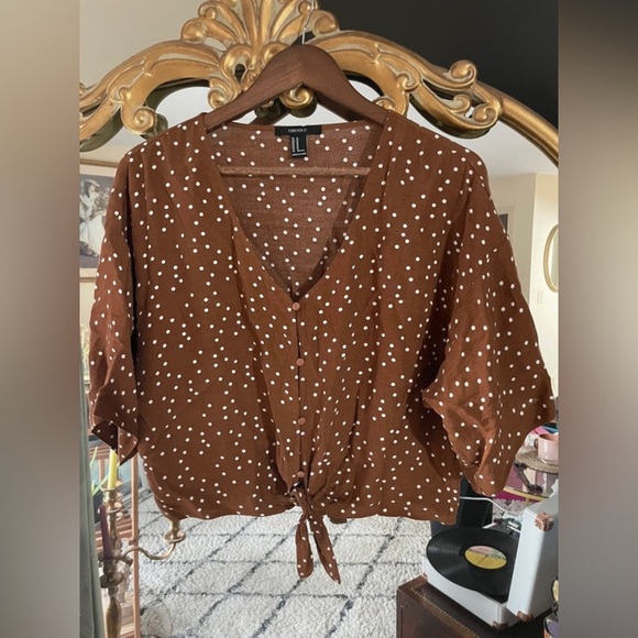 Forever 21 Tops - Forever 21 Rust Orange and White Polka Dot Button Up and Tie Crop Top